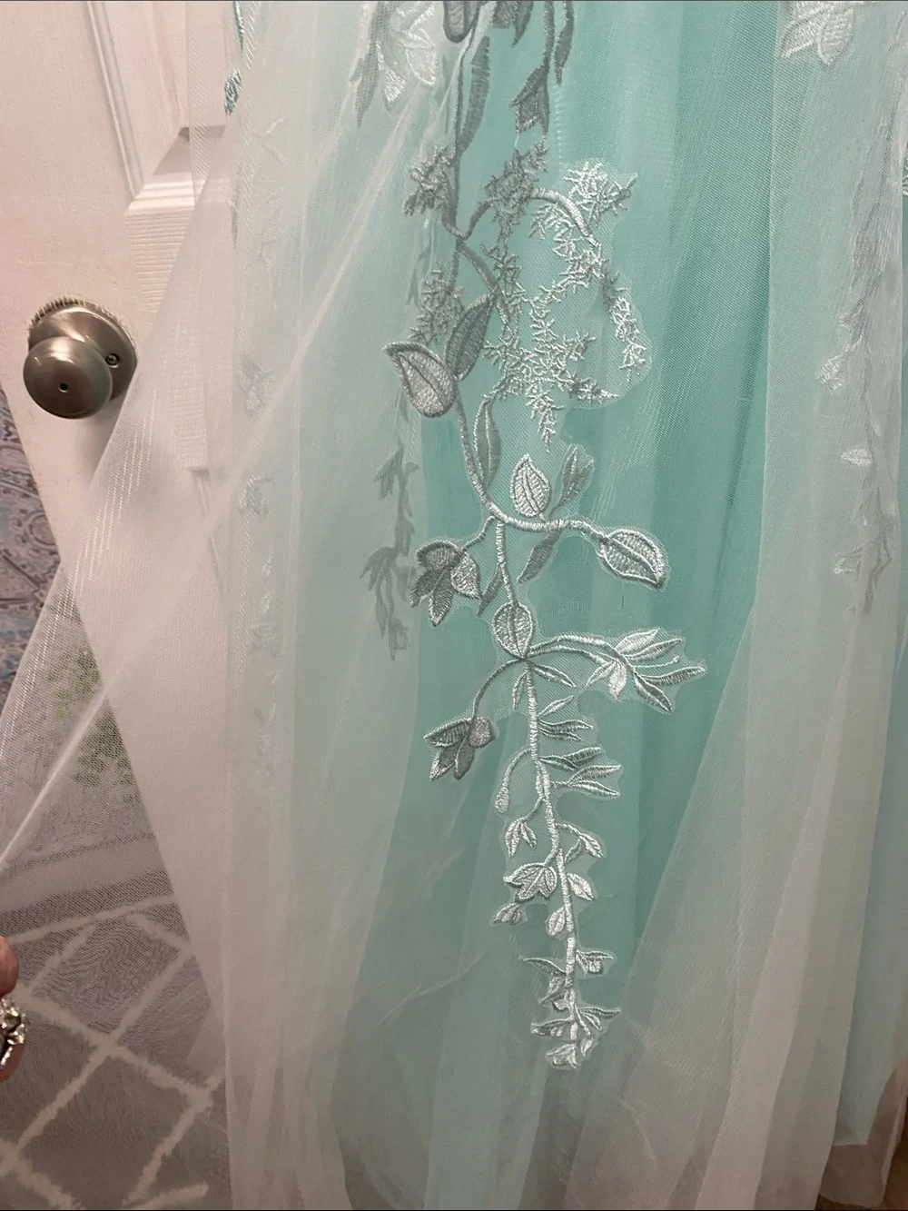 Aqua Floral Appliqué Tulle Gown